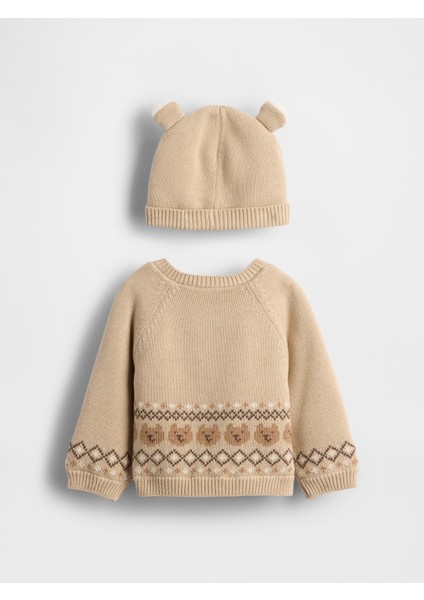 Bebek Krem Sherpa Astarlı Ayılı Hırka Kazak Seti fiyatları