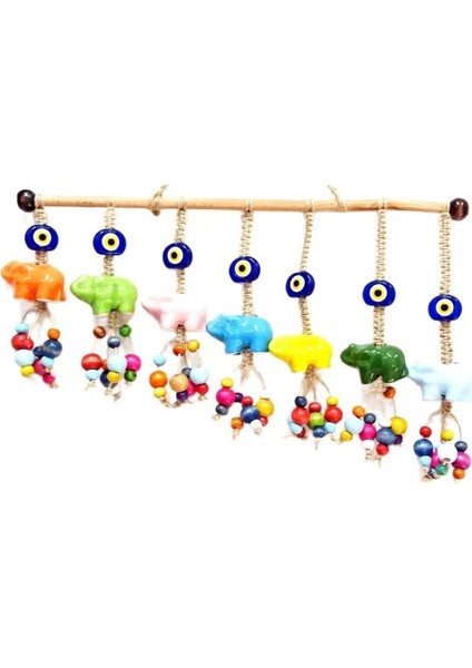 Seramik Yedi Adet Filli Nazar Boncuklu Rengarenk Tahta Boncuklu Kapı, Duvar ve Bahçe Süsü