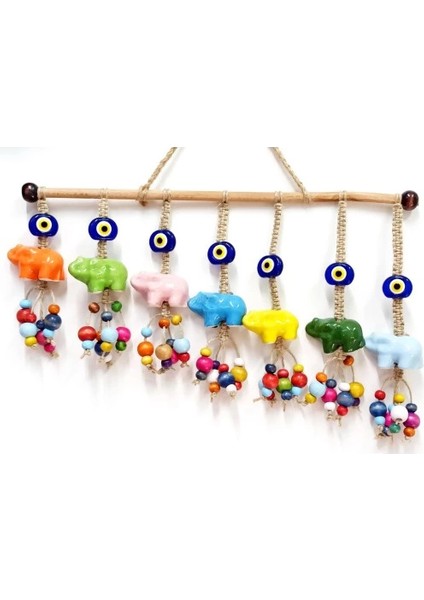 Seramik Yedi Adet Filli Nazar Boncuklu Rengarenk Tahta Boncuklu Kapı, Duvar ve Bahçe Süsü fiyatları