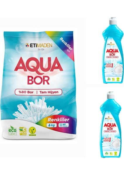 Aquabor Doğal Mineralli Renkliler Için Çamaşır Deterjanı 6 kg + 2ADET Elde Yıkama Bulaşık Deterjan.