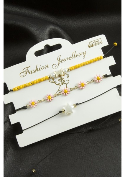 Techmrt 3 Adet Papatya Mineli Kum Boncuk Bileklik-Pembe