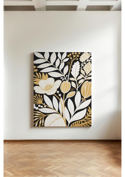 Gece Botanik - Kanvas Tablo - Altın Beyaz Siyah Detaylı Duvar Dekoru