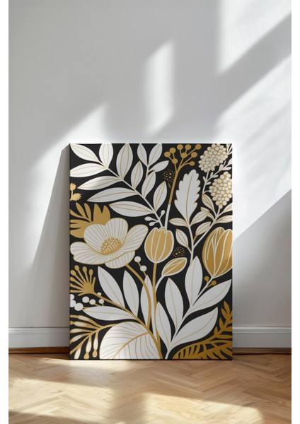 Gece Botanik - Kanvas Tablo - Altın Beyaz Siyah Detaylı Duvar Dekoru fiyatları