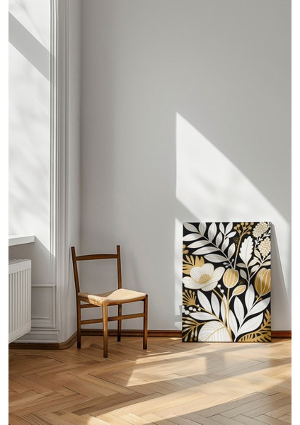Gece Botanik - Kanvas Tablo - Altın Beyaz Siyah Detaylı Duvar Dekoru modelleri