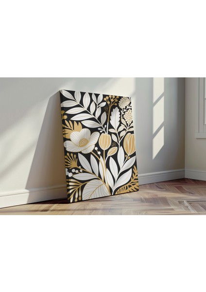 Gece Botanik - Kanvas Tablo - Altın Beyaz Siyah Detaylı Duvar Dekoru fırsatları