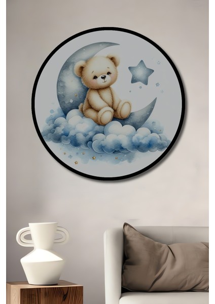 Çerçeve Görünümlü Ayıcık Ay Işığında Dekoratif Ahşap Mdf Ev Duvar Tablo Yuvarlak Ev Duvar Tablo