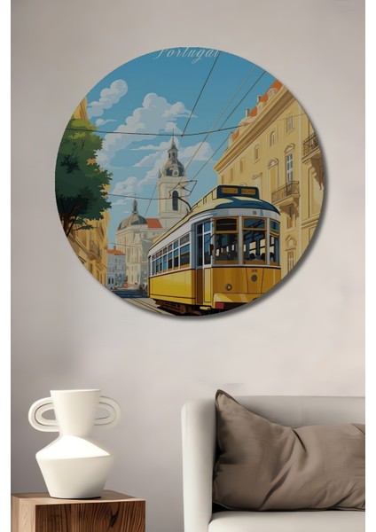 Lizbon Tramvayı Dekoratif Ahşap Mdf Ev/işyeri Duvar Tablo Yuvarlak Ev/işyeri Duvar Tablo