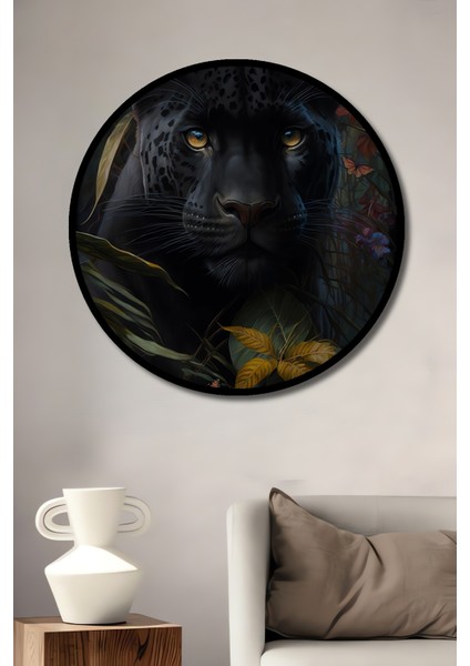 Çerçeve Görünümlü Siyah Panter Doğa Ahşap Mdf Dekoratif Ev Duvar Tablo Yuvarlak Ev Duvar Tablo