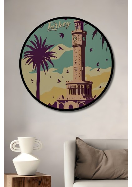 Çerçeve Görünümlü Izmir Saat Kulesi Dekoratif Ahşap Mdf Ev Duvar Tablo Yuvarlak Ev Duvar Tablo