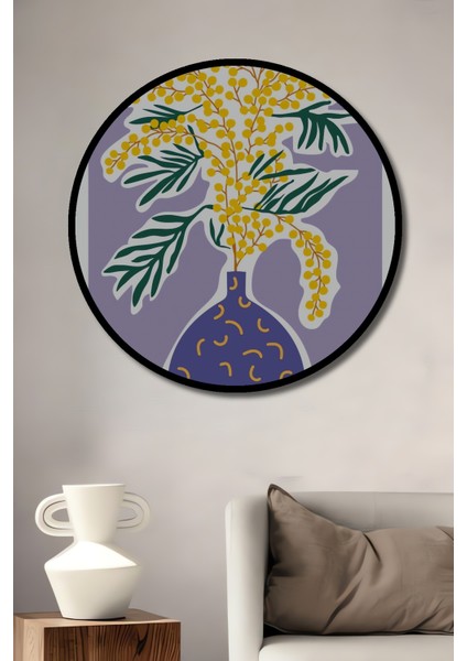 Çerçeve Görünümlü Sarı Mimoza Çiçeği Dekoratif Ahşap Mdf Ev Duvar Tablo Yuvarlak Ev Duvar Tablo