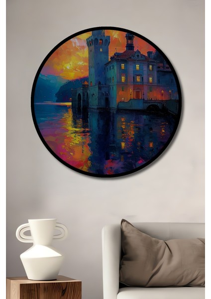 Çerçeve Görünümlü Gızemlı Gün Batımı Kız Kulesi Ahşap Mdf Dekoratif Tablo Yuvarlak Tablo