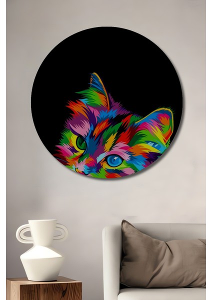 Renkli Kedi Pop Art Dekoratif Ahşap Mdf Ev/işyeri Duvar Tablo Yuvarlak Ev/işyeri Duvar Tablo