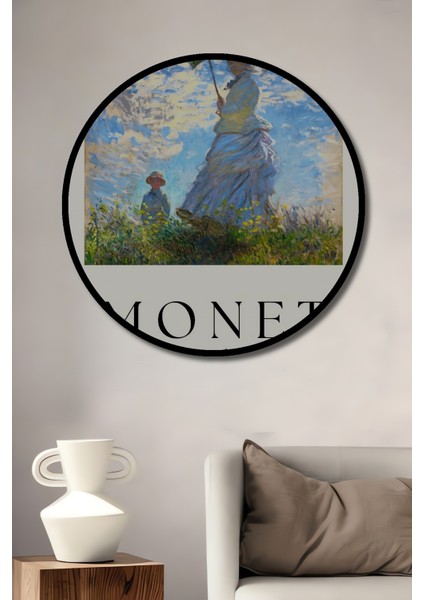 Çerçeve Görünümlü Claude Monet Şemsiyeli Kadın Dekoratif Ahşap Mdf Tablo Yuvarlak Tablo