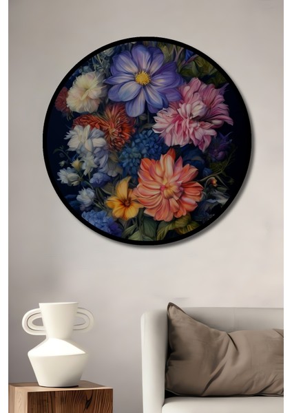 Çerçeve Görünümlü Renkli Çiçek Bahçesi Dekoratif Ahşap Mdf Ev Duvar Tablo Yuvarlak Ev Duvar Tablo