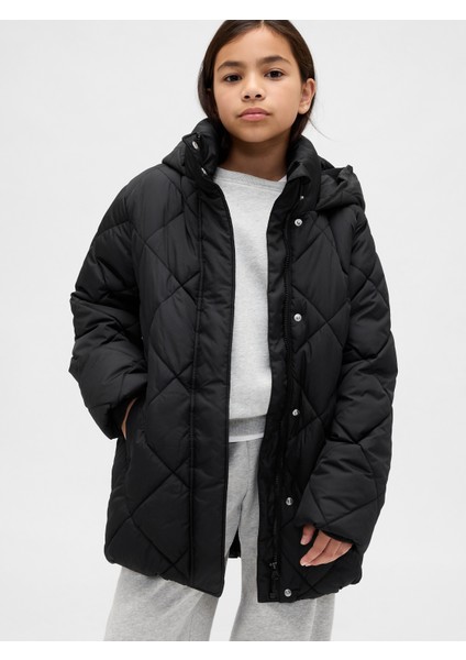 Kız Çocuk Siyah Kıvrımlı Şişme Mont