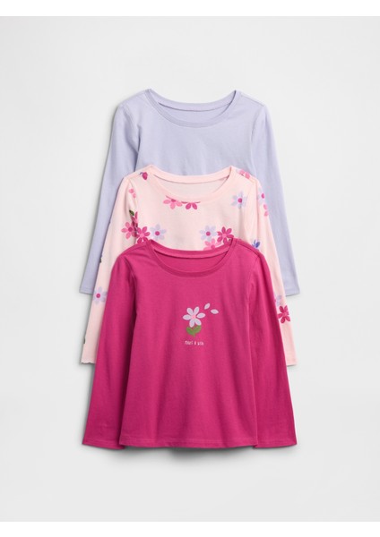 Kız Bebek Pembe 3'lü Bisiklet Yaka T-Shirt Seti