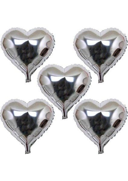 Kalp Şeklinde Folyo Balon 5 Adet 45 cm Gümüş Renk