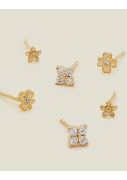 Z Çiçekli Küpe Set x 3 14 Ayar Altın Kaplama