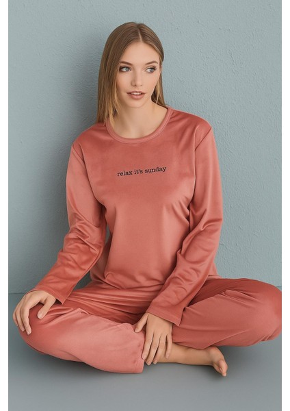 Kadın Kışlık Bisiklet Yaka Kadife Pijama Takımı 13166P - 1 Adet