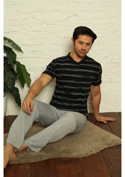 Erkek Siyah V Yaka 3'lü Pijama Takım modelleri