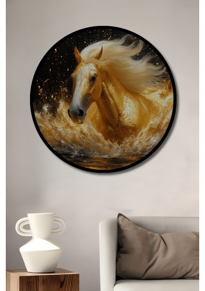 Çerçeve Görünümlü Altın At Ahşap Mdf Dekoratif Ev/işyeri Duvar Tablo Yuvarlak Ev/işyeri Duvar Tablo