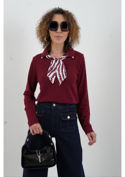 Bordo Polo Yaka Fularlı Uzun Kol Kazak