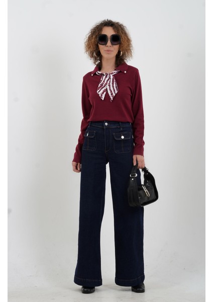 Bordo Polo Yaka Fularlı Uzun Kol Kazak fiyatları