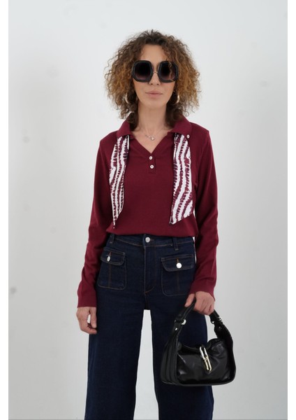 Bordo Polo Yaka Fularlı Uzun Kol Kazak modelleri