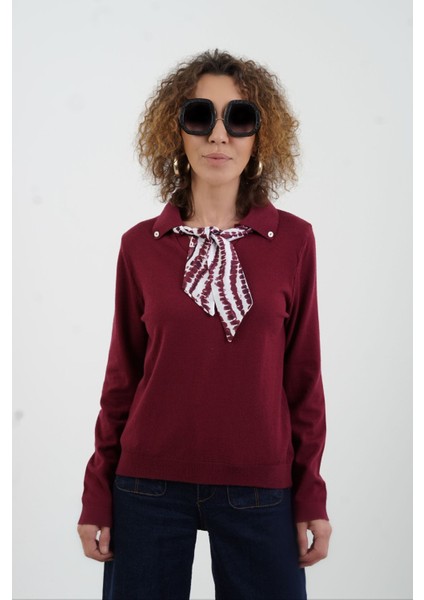 Bordo Polo Yaka Fularlı Uzun Kol Kazak fırsatları