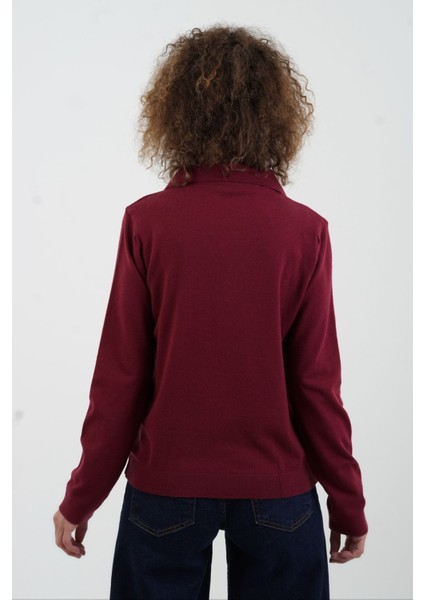 Bordo Polo Yaka Fularlı Uzun Kol Kazak indirimleri