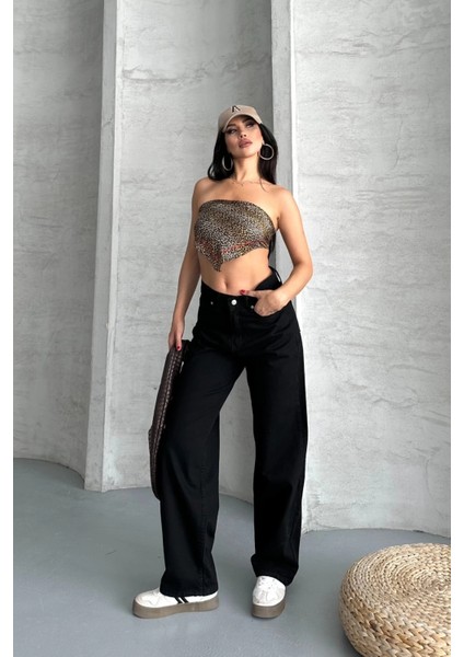 Palazzo Straight Enzim Süper Taş Yıkama Jeans Pantolon Siyah D2008