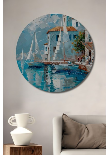 Akdeniz Kıyısı Dekoratif Ahşap Mdf Ev/işyeri Duvar Tablo Yuvarlak Ev/işyeri Duvar Tablo