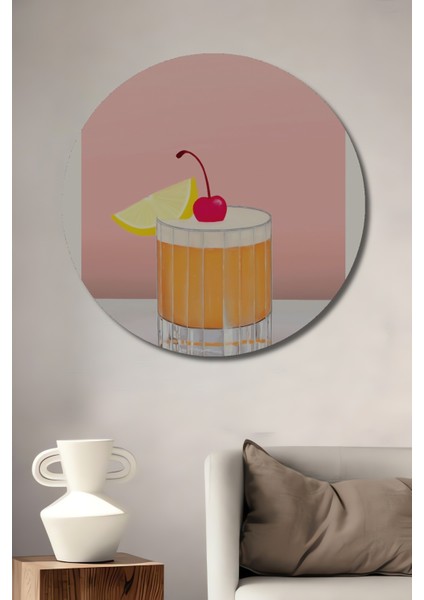 Amaretto Sour Kokteyl Temalı Dekoratif Ahşap Mdf Tablo Yuvarlak Tablo