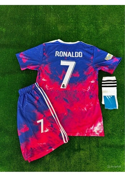 Real Madrid Ronaldo Kırmızı Dalgalı Özel Tasarım Çocuk Futbol Forması 4'lü Takım