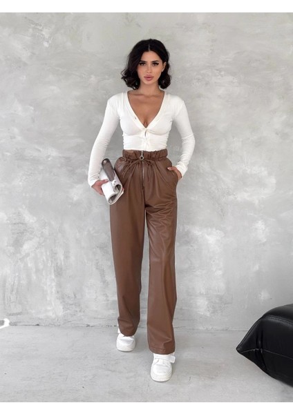 Kendinden Ince Kemerli Deri Pantolon Kahve T1178