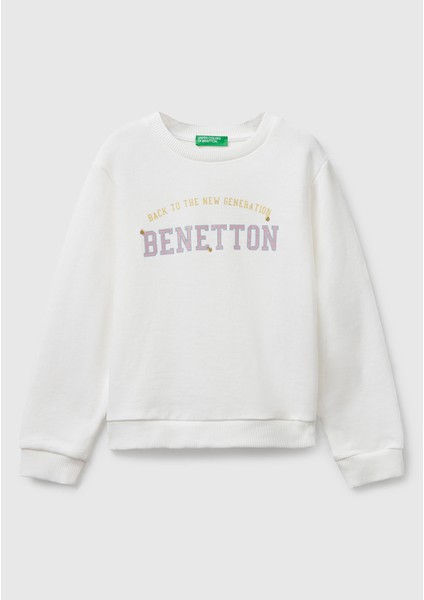 Kız Çocuk Ekru Önü Simli Logo Baskılı Nervürlü Regular Fit Sweatshirt