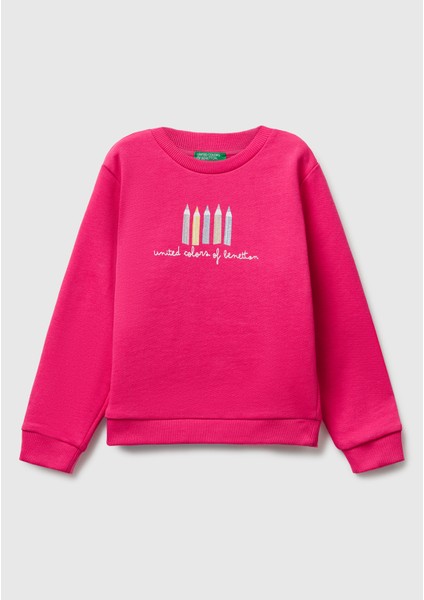 Kız Çocuk Ekru Önü Simli Logo Baskılı Nervürlü Regular Fit Sweatshirt fiyatları