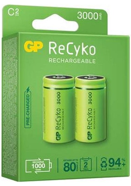 Gp Recyko 3000 Ma Ni-Mh 1.2V Büyük C Boy Şarjlı 2’li Pil