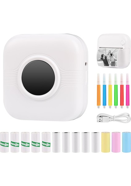 C17 Mini Taşınabilir Yazıcı 12 Rulo Kağıtlı Mürekkepsiz Etiket Yazıcısı Mini Termal Yazıcı Beyaz