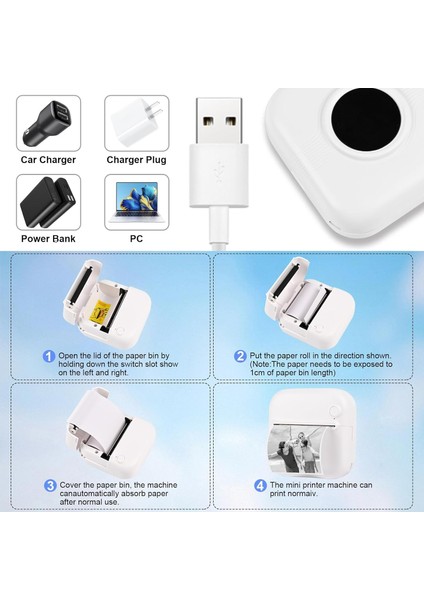 C17 Mini Taşınabilir Yazıcı 12 Rulo Kağıtlı Mürekkepsiz Etiket Yazıcısı Mini Termal Yazıcı Beyaz