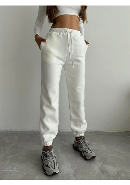 3 Iplik Şardonlu Paça Lastikli Eşofman Beyaz IS001