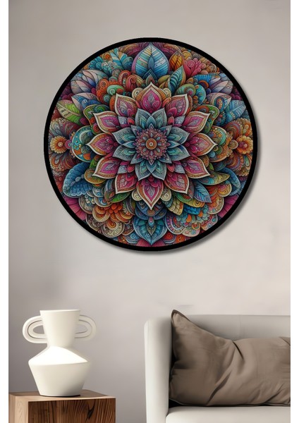 Çerçeve Görünümlü Renkli Mandala Dekoratif Ahşap Mdf Ev Duvar Tablo Yuvarlak Ev Duvar Tablo