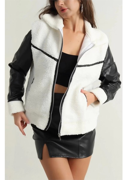 Deri Garnili Kuzu Peluş Mont Beyaz T1220