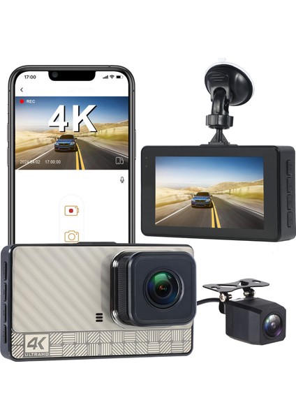 4K Cardshcam 170 Derece Geniş Açı 3 Inç IPS Araç Kamerası Wifi/gece Görüşü/g-Sensör Ön/arka