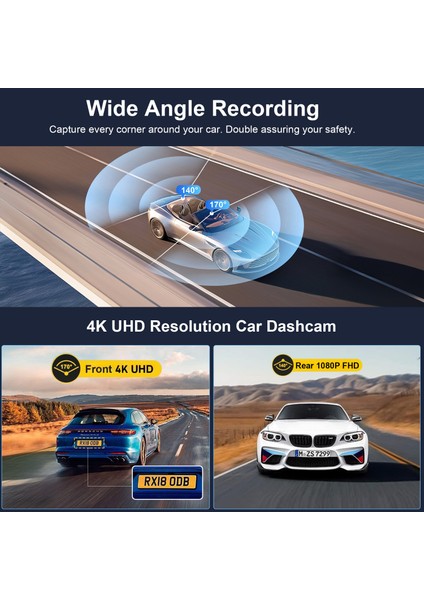 4K Cardshcam 170 Derece Geniş Açı 3 Inç IPS Araç Kamerası Wifi/gece Görüşü/g-Sensör Ön/arka