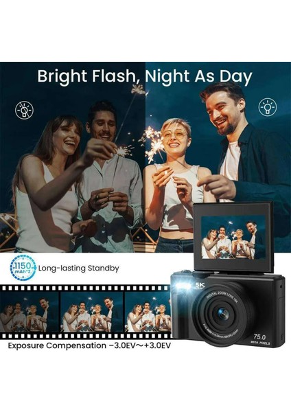 5k Dijital Kamera 75MP Hd Retro Otomatik Odaklama Anti Shake 18X Zoom 64GB Sd Kart Hediye indirimleri