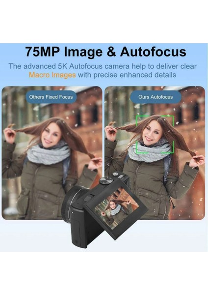 5k Dijital Kamera 75MP Hd Retro Otomatik Odaklama Anti Shake 18X Zoom 64GB Sd Kart Hediye