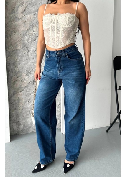 Baggy Süper Taş Bıyık Yıkama Koyu Mavi Jeans Pantolon D2007