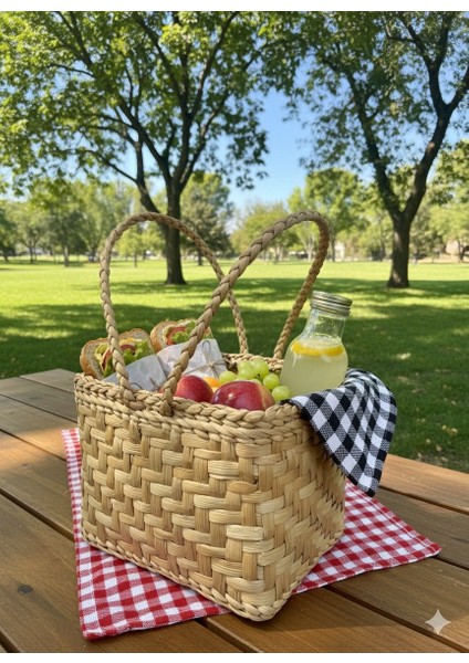 Hasır Piknik Sepeti Çift Kulplu Kare Büyük Boy El Örgüsü Dekoratif – Doğal El Işçiliği
