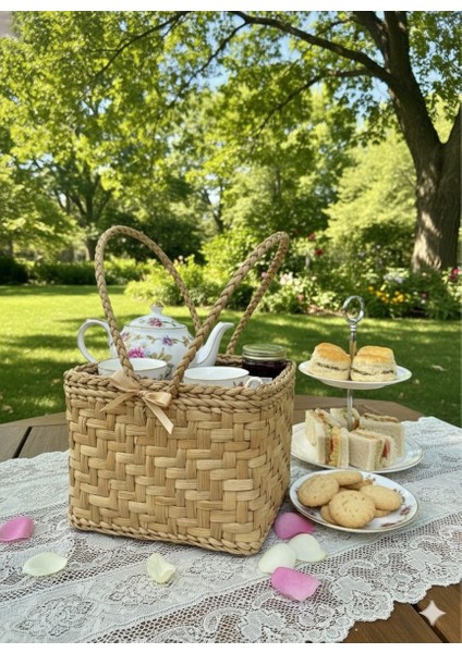 Hasır Piknik Sepeti Çift Kulplu Kare Büyük Boy El Örgüsü Dekoratif – Doğal El Işçiliği indirimleri
